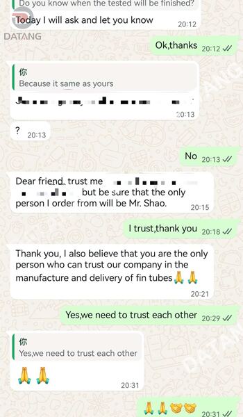 Feedback from an Iranian client regarding the purchase of internally finned tubes